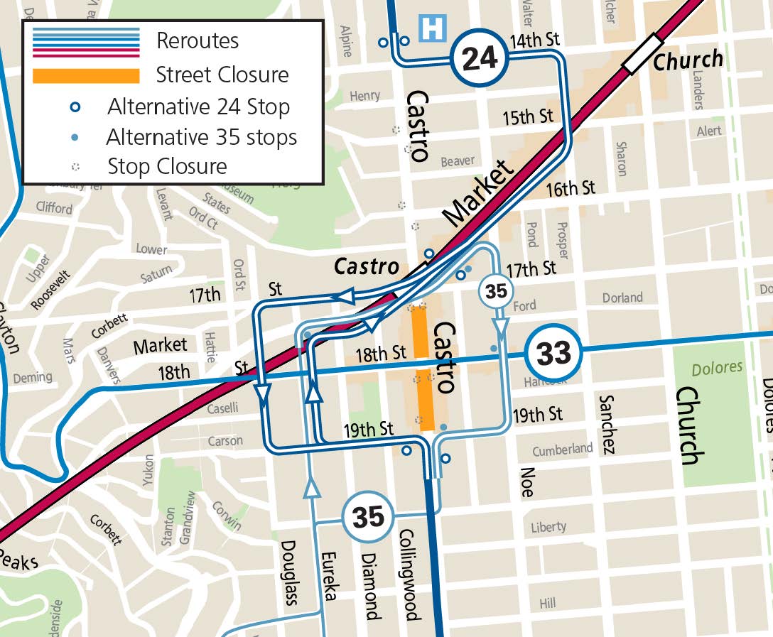 Map showing the Muni reroutes around the Market & Castro area during the Lesbians Who Tech conference