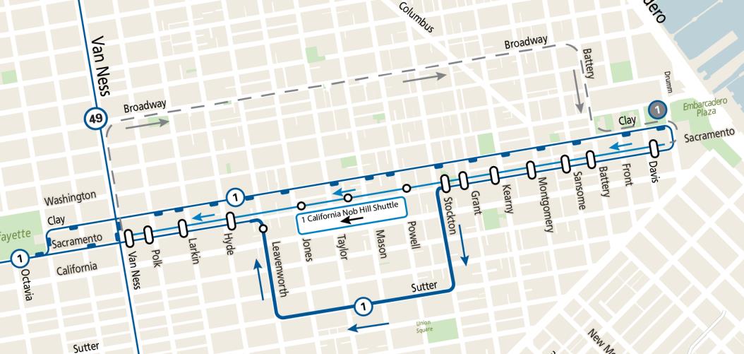 Map of outbound 1 California trolley bus reroute and 1 California shuttle bus service in Nob Hill