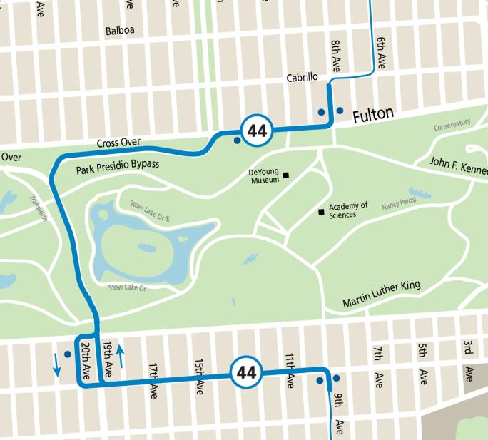 Map showing the 44 O'Shaughnessy reroute around the Music Concourse in Golden Gate Park on Nov. 14, 2023