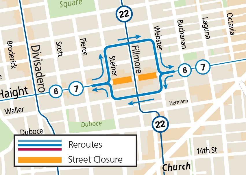 Map of Lower Haight Art Walk-related Muni reroutes