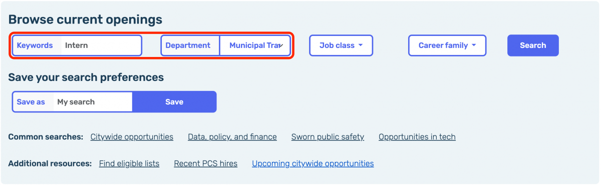 Image of the career site search with the field "Keyword" set to "Intern" and the field "Department" set to "Municipal Transportation Agency" 