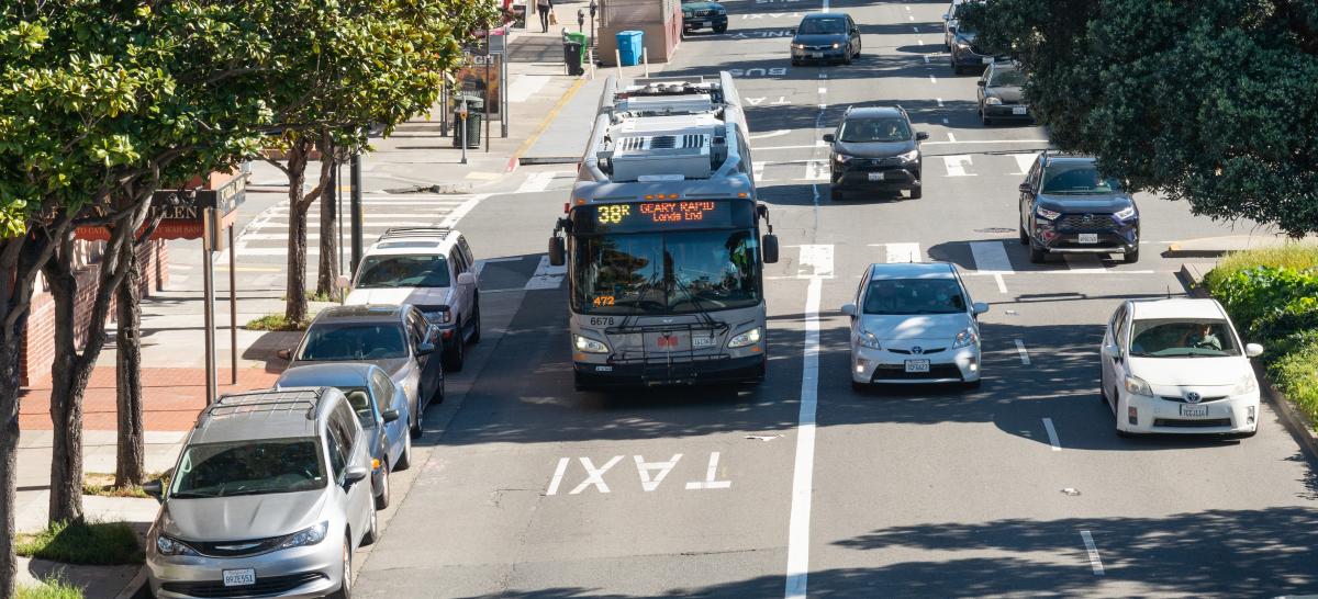 Photo of bus in new bus zone at Geary and 6th Avenue outbound