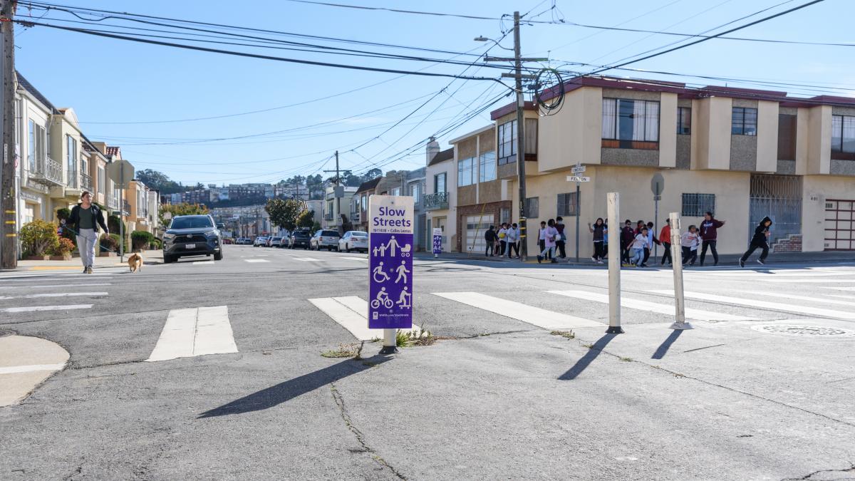 Image of Traffic Diverter at intersection with pedestrian in background.