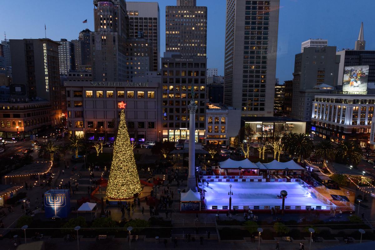 Areal view of union square with ice rink decorated for the holiday season
