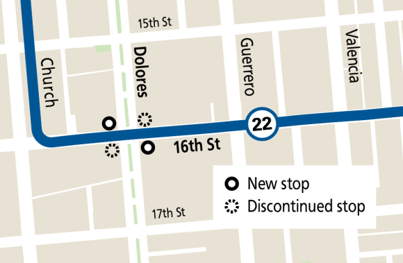 Map of 22 Fillmore stop relocations at 16th & Dolores streets, effective January 20, 2024