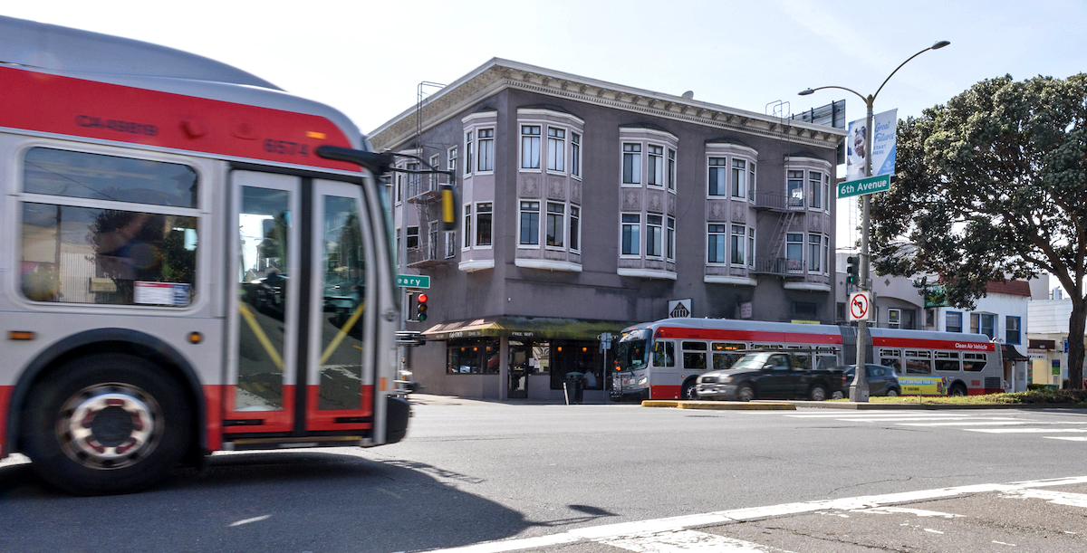 Photo of 38 Geary buses driving along Geary Boulevard at 6th Avenue