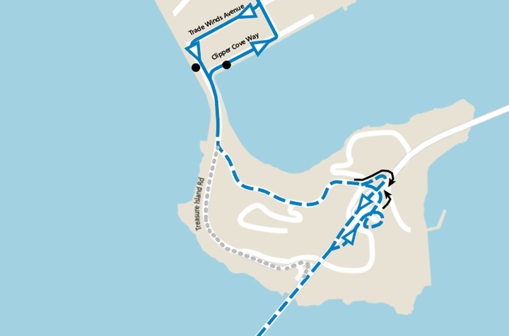 Map showing 25 Treasure Island route onto/off of the island via new ramps