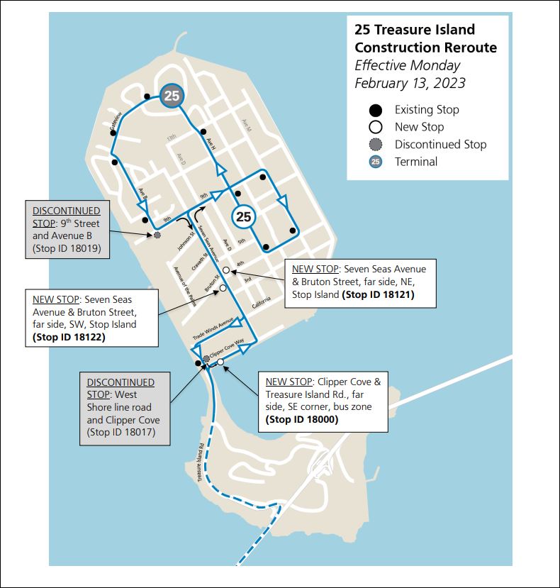 Map of the 25 Treasure Island Route reroute for construction on the island that begins on Feb. 13, 2023.
