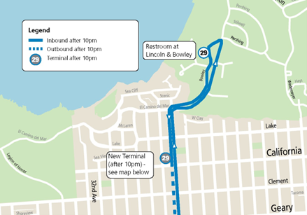 Map showing 29 northern terminal after 10pm