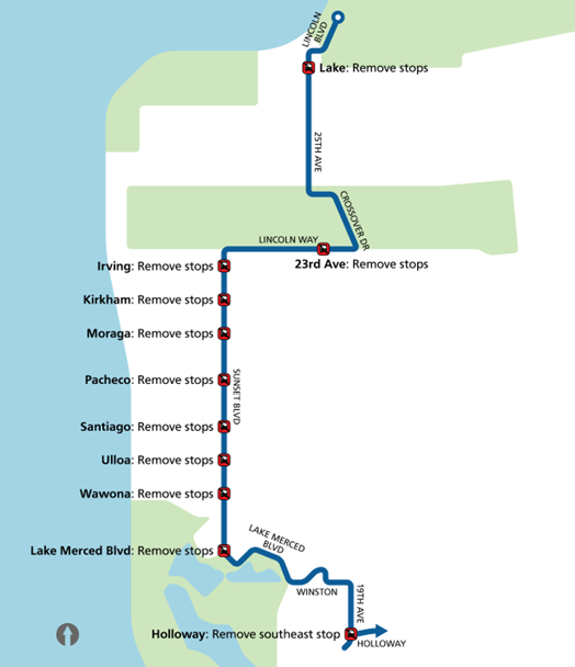 Map showing multiple stop removals for the 29 Sunset, effective Augus 19, 2023