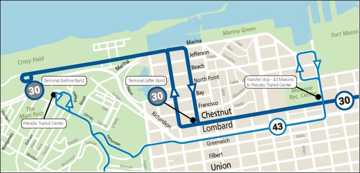 Map showing the terminal for the 30 Stockton after 8 p.m., effective Sat., August 19, 2023