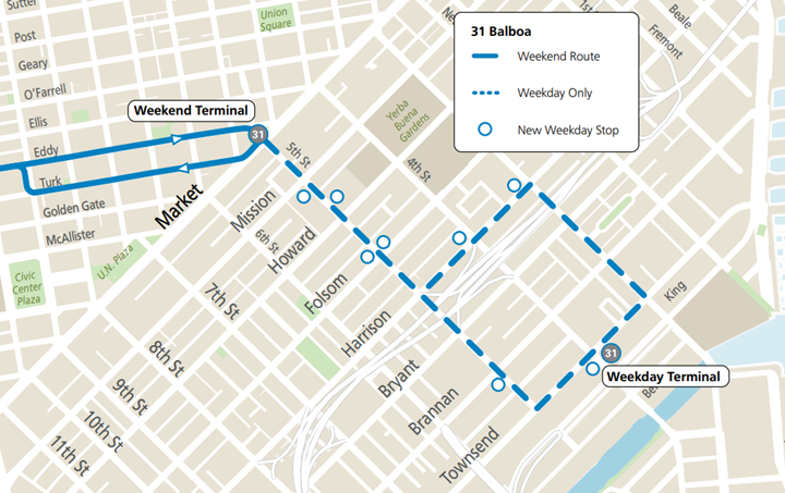 Map showing the route extension to the 31 Balboa effective Monday, August 21, 2023