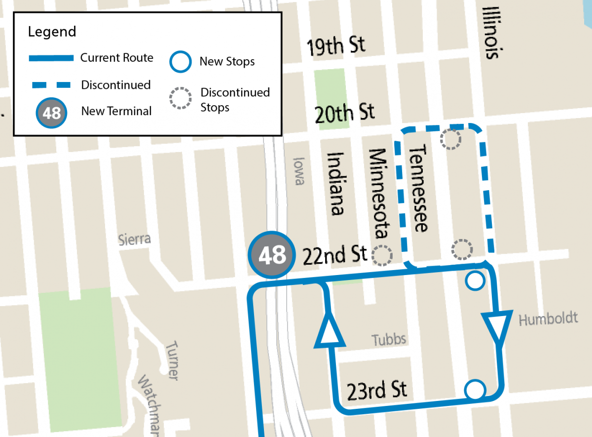 Image shows that, heading eastbound, the new route will run east on 22nd Street with stops at Minnesota Street and Illinois Street. It will then turn right onto Illinois Street, turn right onto 23rd Street and stop at 23rd Street and Third Street before turning onto Indiana Street, and turning left onto 22nd Street to restart an outbound run.