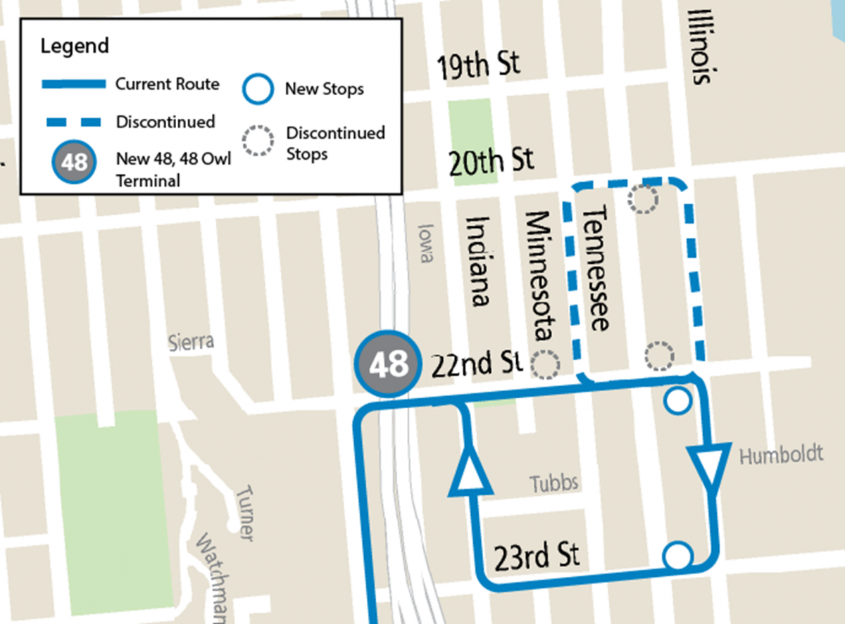 Map showing eastern terminal, route and stop changes for the 48 Quintara/24th St., effective August 19, 2023