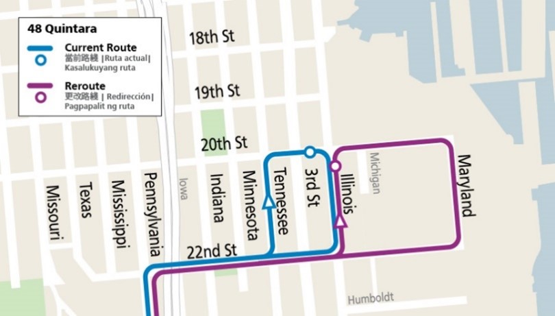 Image of two possible routes for 48 bus at its line end in the Dogpatch. The current route option shows the bus driving east on 22nd Street, north on Tennessee Street, east on 20th Street, turning back south on Third Street and finally turning westbound on 22nd Street.    The reroute option shows the bus driving east on 22nd Street, north on Illinois, east on 20th Street, turning back south on Maryland Street, and finally turning westbound on 22nd Street. 
