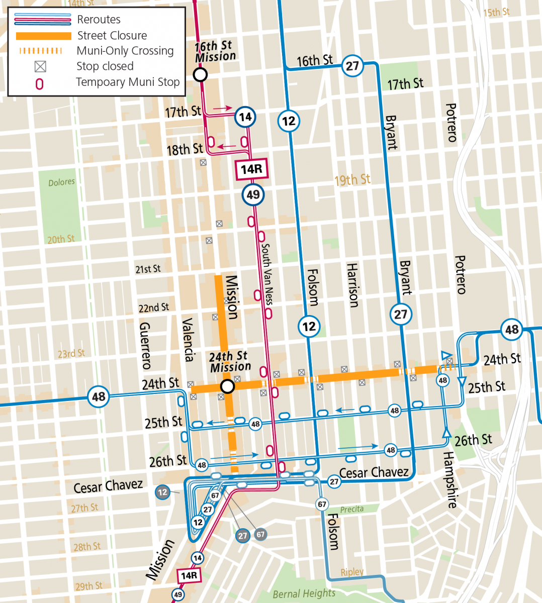 Map of Muni service during potential street closures on January 28, 2024