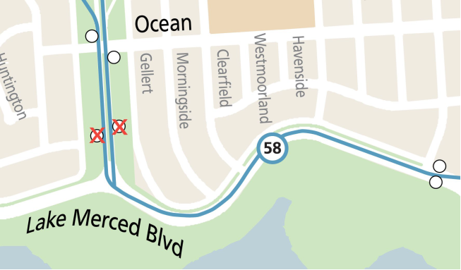Map of 58 Lake Merced stop changes effective January 20, 2024