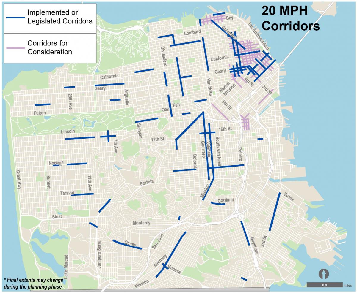 Citywide map showing proposed 20 miles per hour business activity district corridors 