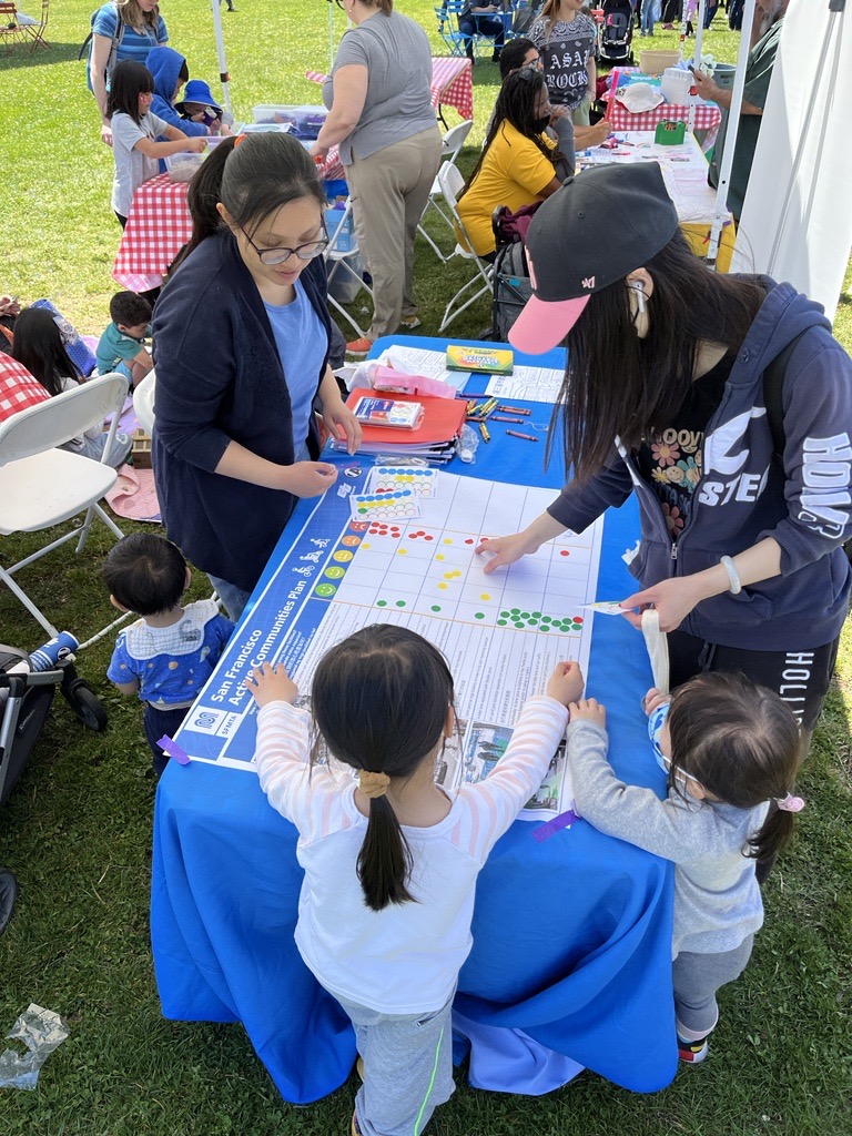 Photo of two adults and three children looking at a poster on a table outdoors.