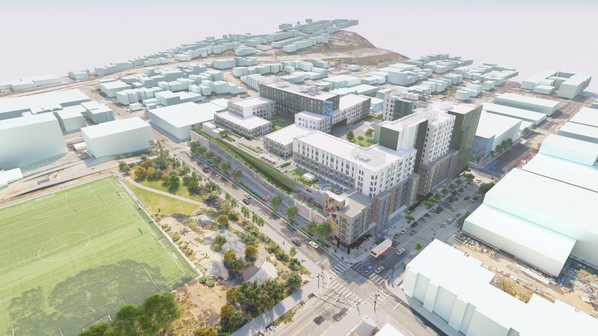 Rendering shows aerial view of new Potrero Yard bus facility along with housing. We see a green space across the street. 