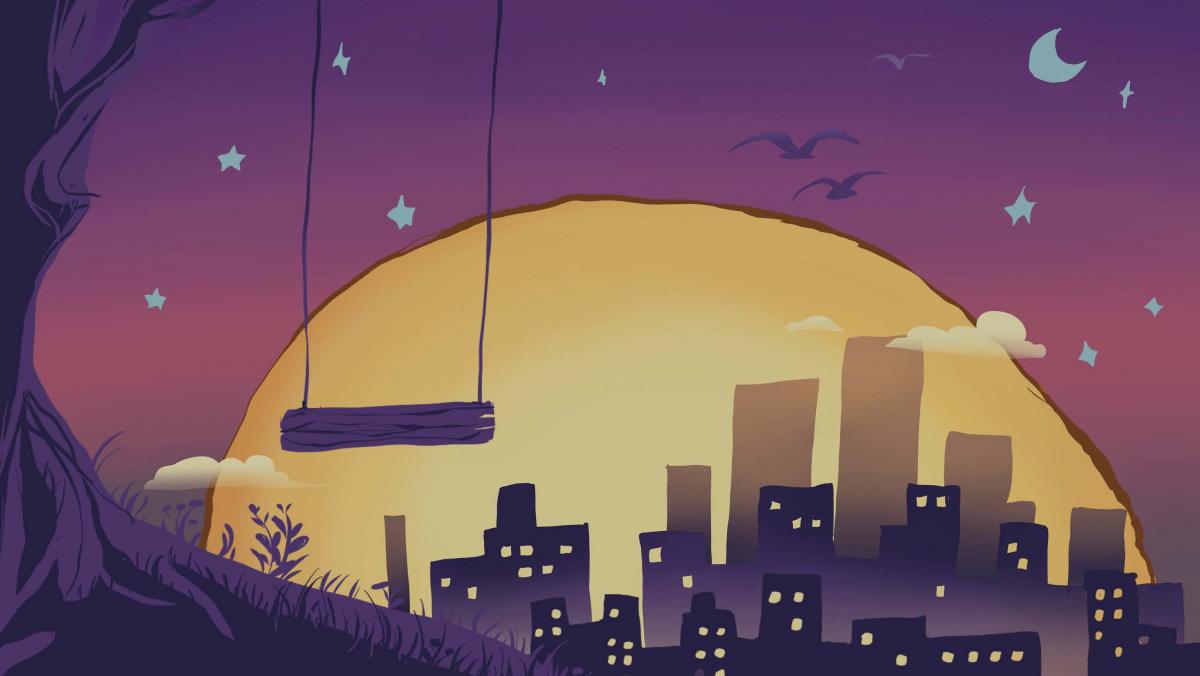 Giant setting sun frames the City's skyline in the background. A lone swing hangs in the foreground and is next to a large tree trunk and its roots. The sky is completed by stars and the cresent moon.
