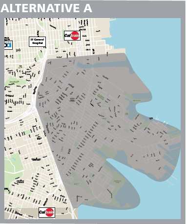 The initial concept shows a map of the service area including the Bayview itself, and 3 potential external destinations: 24th St BART, 22nd St Caltrain, and SF General Hospital. This alternative would have approximately 12 hours of service 7 days a week, a moderately large service area, and moderate wait times