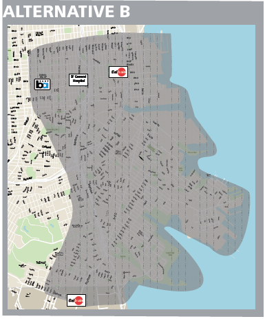 The larger service area alternative B shows a map of the service area including the Bayview itself, and many neighboring areas, potentially including Potrero Hill, the Mission, and parts of the Portola and Visitacion Valley, though exact borders have not been determined. This alternative would have approximately 12 hours of service 5 days a week, a large service area and longer wait times.