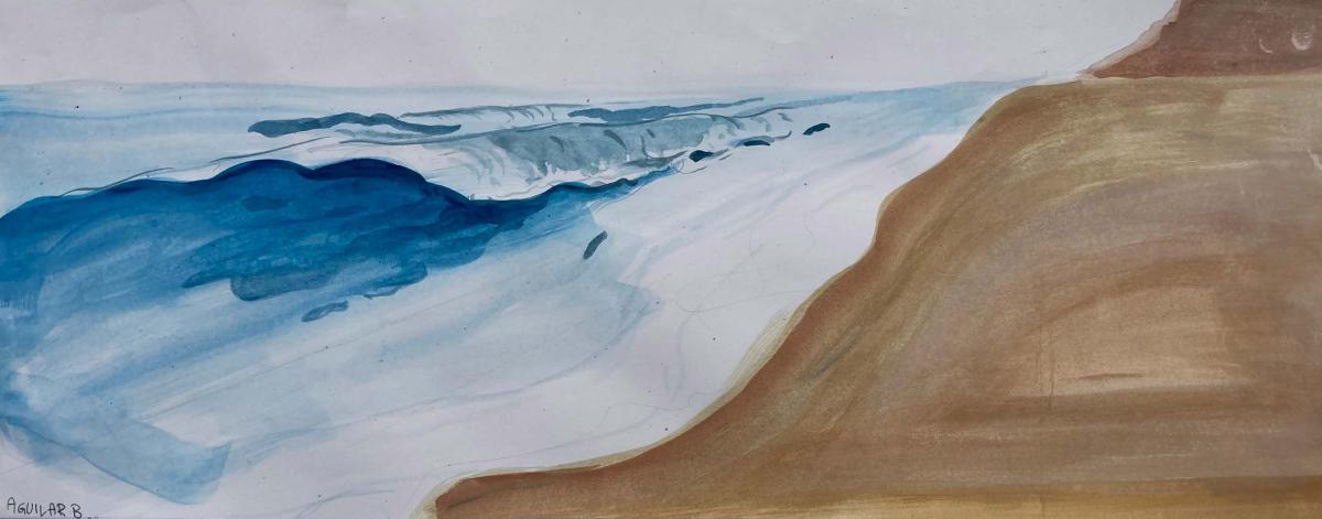Watercolor of the ocean waves and a sand beach
