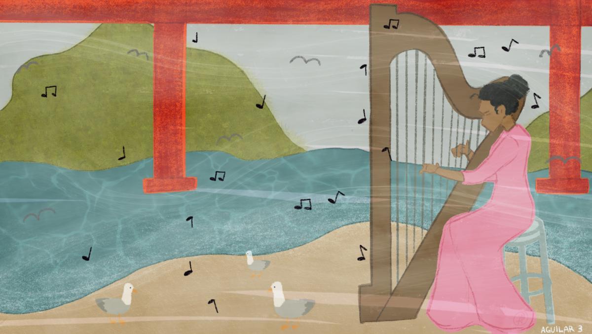 Woman plays harp on a sandy beach surrounded by musical notes and seagulls. The Golden Gate Bridge and the hills are in the background.