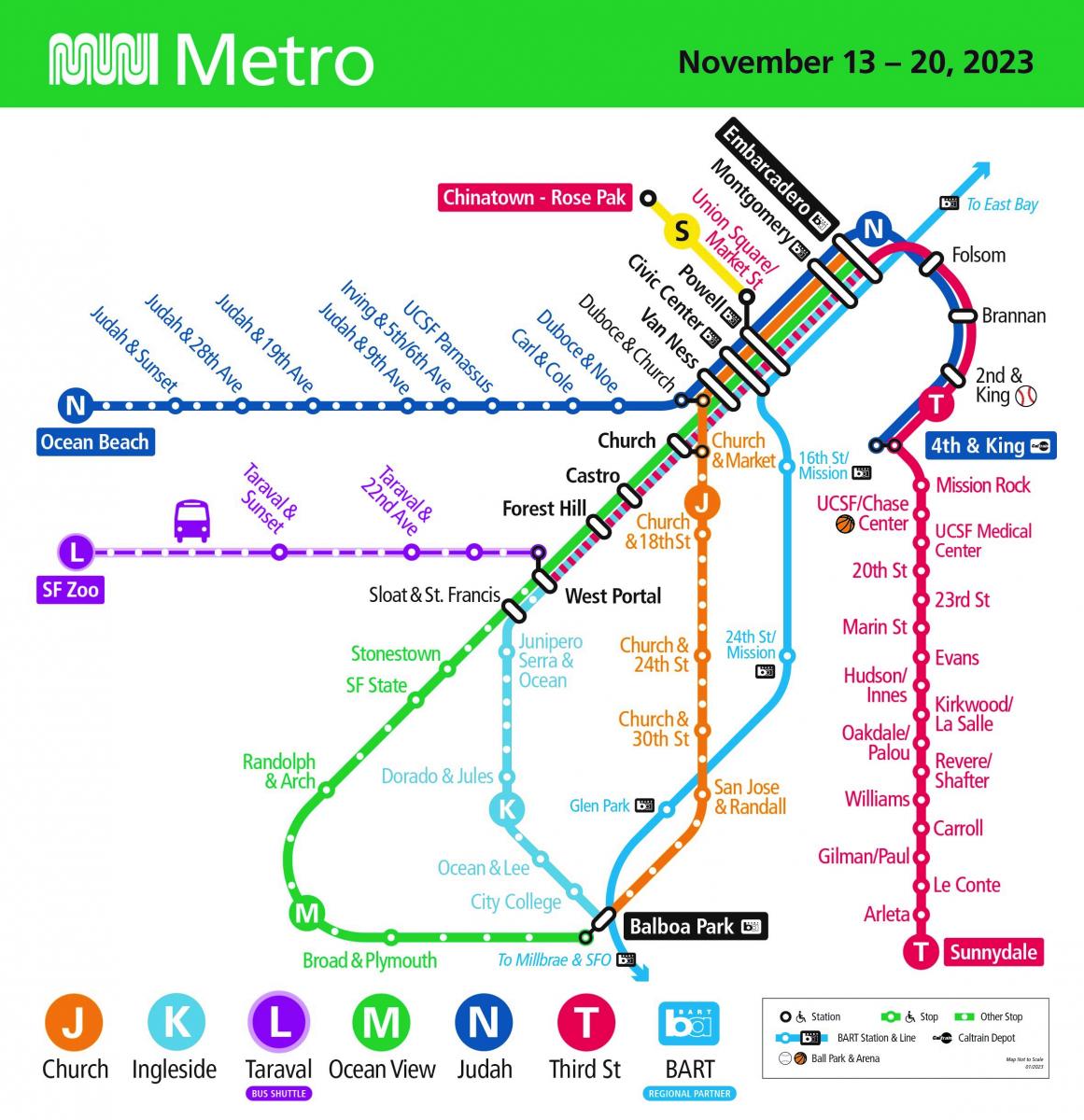 Muni Metro route map showing temporary S shuttle between Chinatown and Union Square stations; temporary KT Ingleside-Third between Balboa Park and Sunnydale via the Market Street subway, The Embarcadero and 2nd Street; a all other Muni Metro routes along their normal alignments.