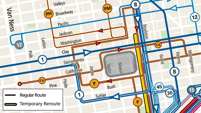 Map of Nob Hill/Chinatown Muni reroutes during APEC