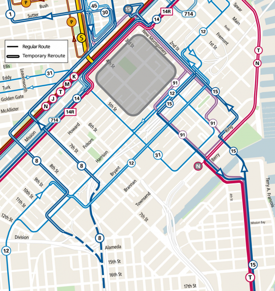 Map showing Muni reroutes in the Nob Hill, Chinatown & SoMa neighborhoods during APEC