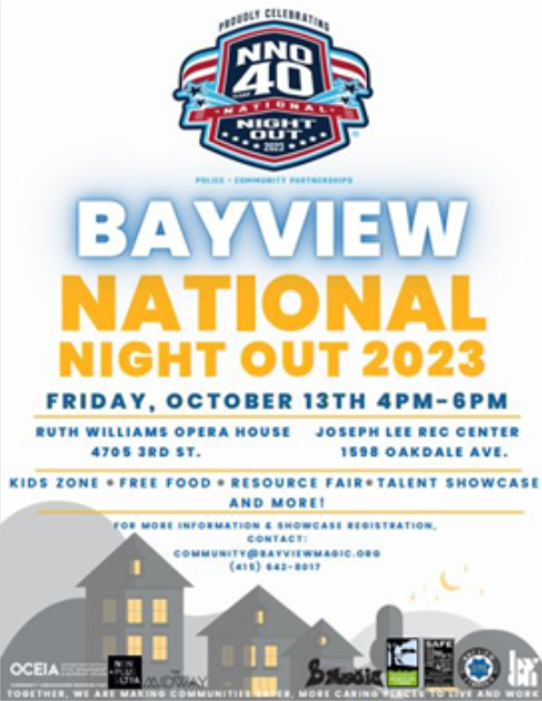 flier for Bayview National Night Out 2023. Event includes a kids zone, free food, resource fair, talent showcase, and more. 