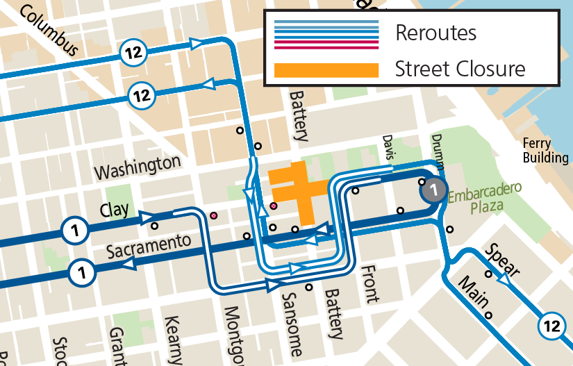 Reroute map showing the service changes for the 1 California and 12 Folsom/Pacific during Bhangra & Beats