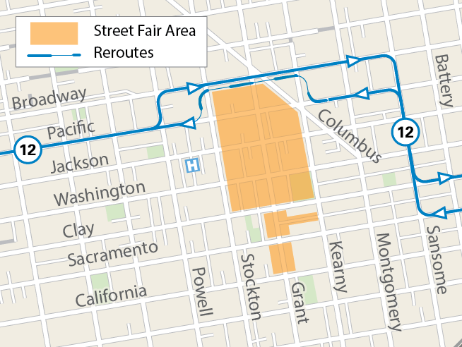 Service map showing the 12 Folsom/Pacific reroute around the Chinese Flower Fair event