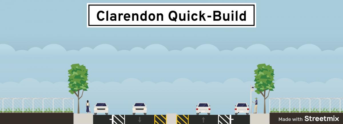 Cross section illustration showing reduction of vehicle travel lane to one lane in both directions with painted safety zones on both sides and parking along the curb on both sides