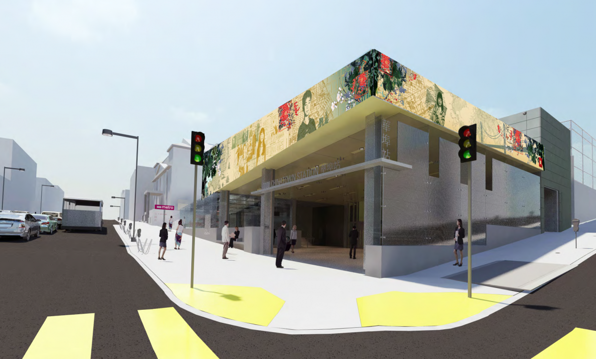 Rendered image of a station at the intersection corner with traffic signals and pedestrians