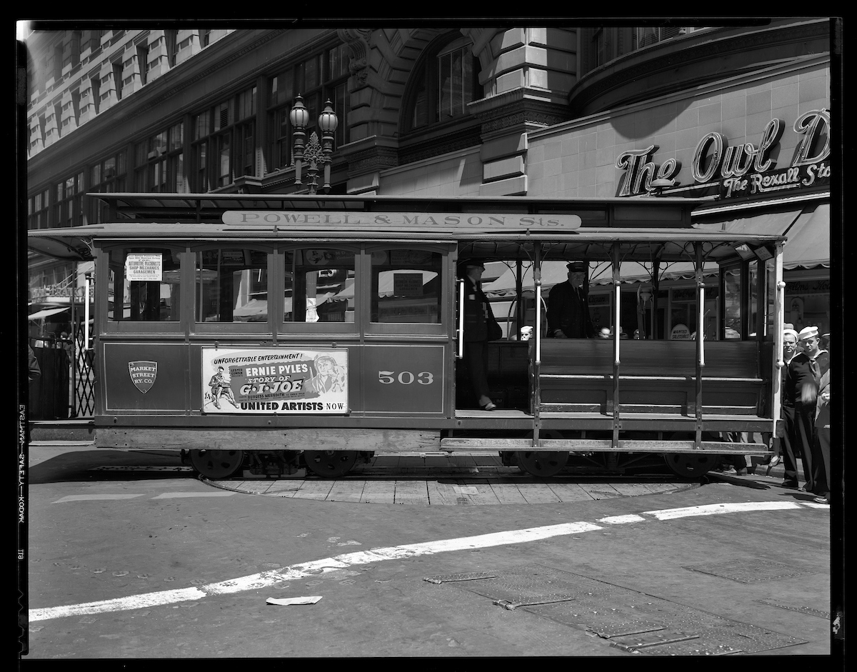 A black and white photograph of a historic cable car at Market and Powell from 1945.