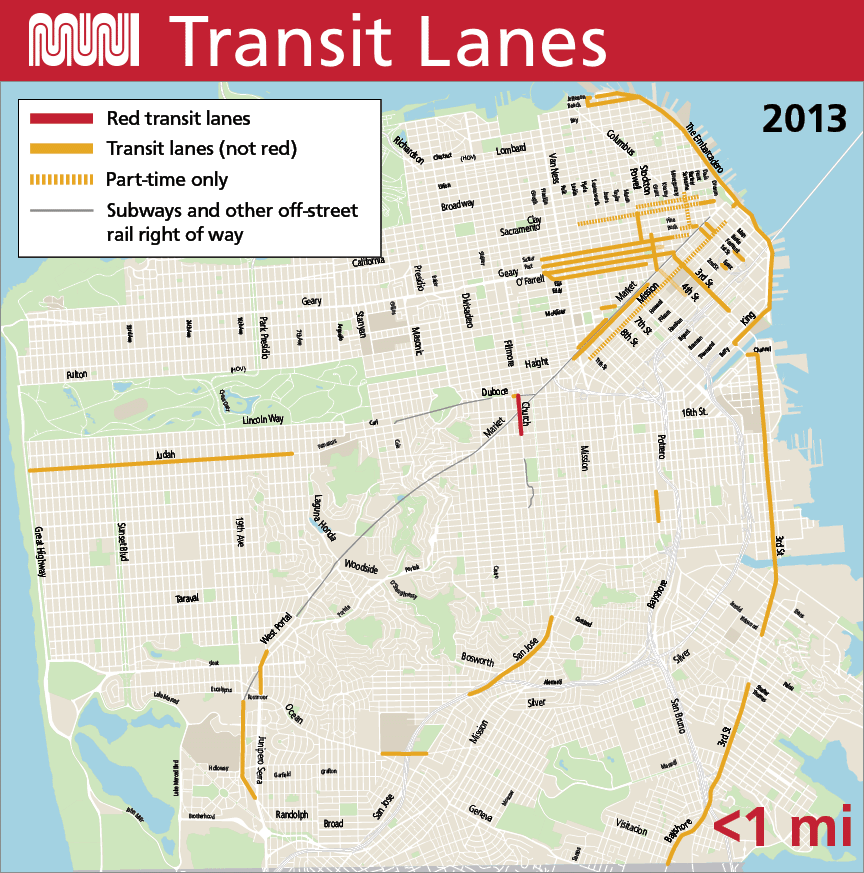  A map showing the expansion of transit lanes in San Francisco from 2103 to 2023, as well as lanes that are coming soon. A summary of key highlights from the map is included in the following link.