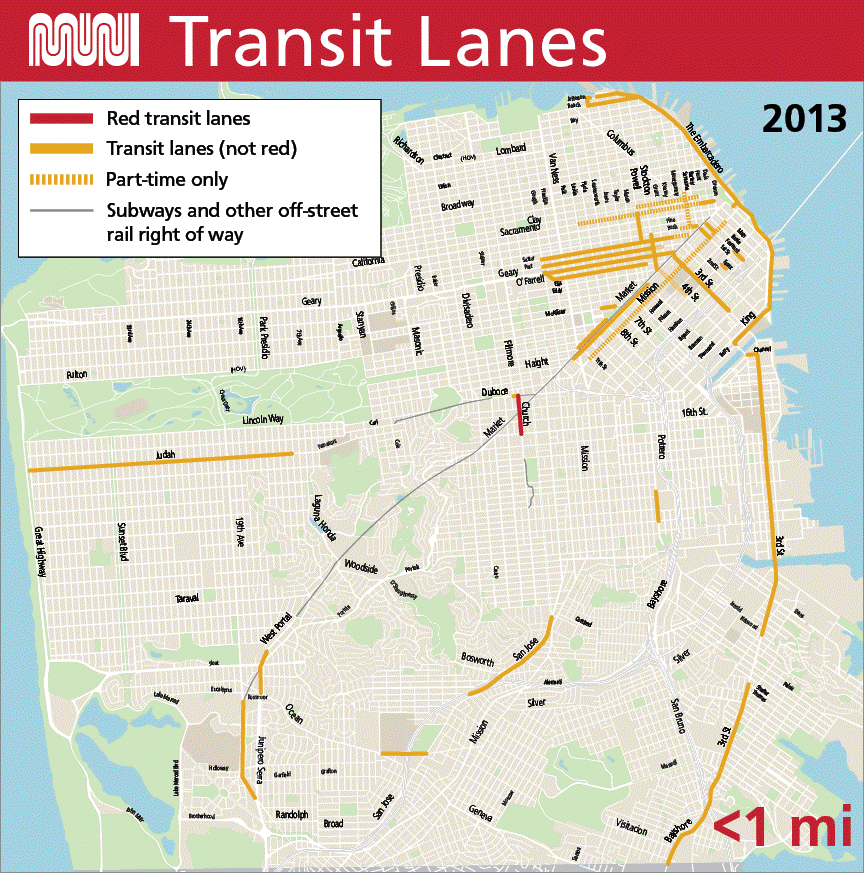  A map showing the expansion of transit lanes in San Francisco from 2103 to 2023, as well as lanes that are coming soon. A summary of key highlights from the map is included in the following link.