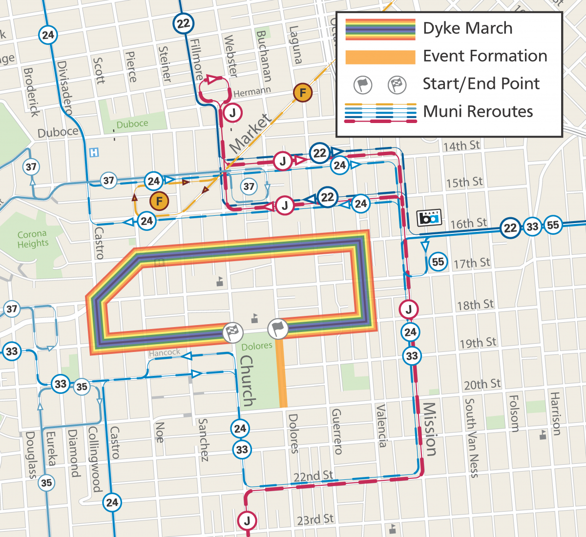 Muni Service Map for 2023 Dyke March