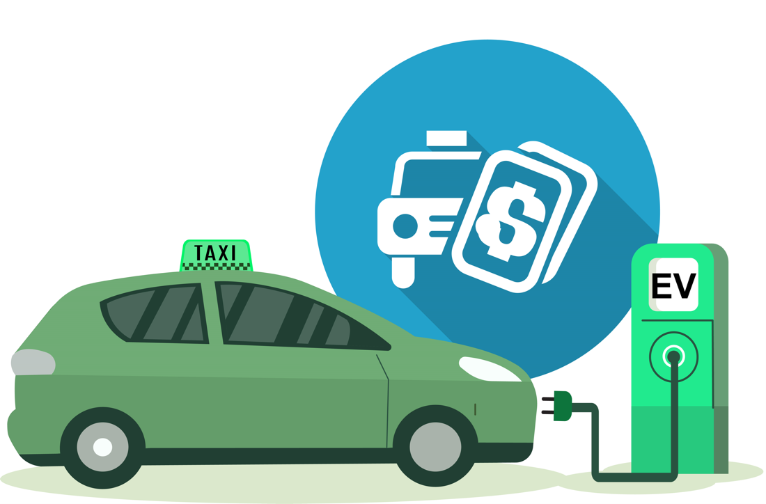 An illustration of a green electric vehicle being charged at a station.