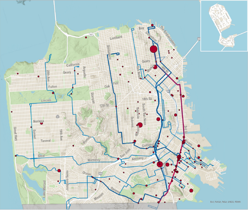 A map of San Francisco displaying Muni Routes that serve the bayview and frequency of survey responses. Most survey responses are in the Bayview or along Muni routes. Frequently requested destinations include Chinatown, Downtown, 24th St BART, the San Bruno Ave commercial corridor, and SF General Hospital.