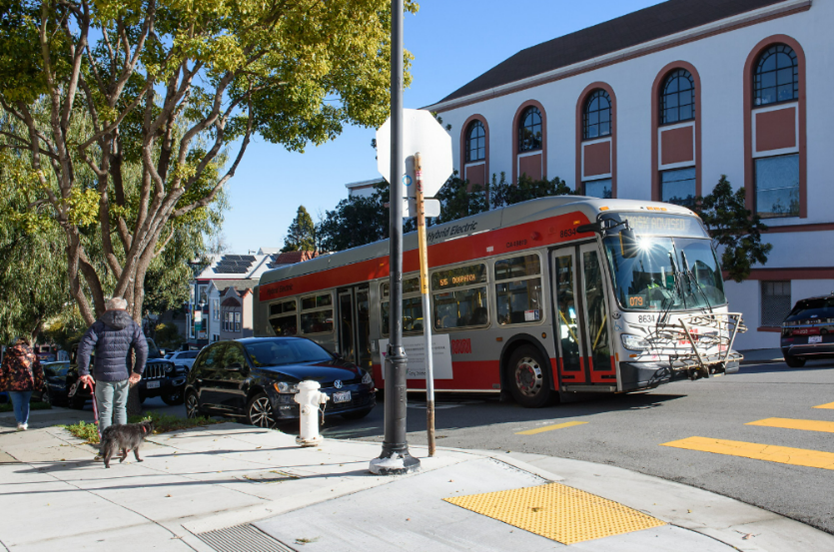 Image showing a Muni bus stopped at a flag stop. The bus is stopped in the travel lane, and cars are parked between the bus and the curb.