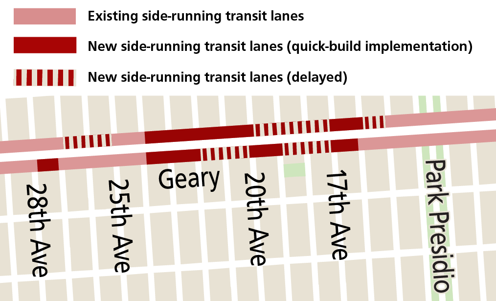 Map showing locations of transit lanes that would be delayed until SFPUC construction begins: Westbound from 15th to 16th, 17th to 20th, and 25th to 27th. Eastbound from 22nd to 20th, and 19th to 17th.  