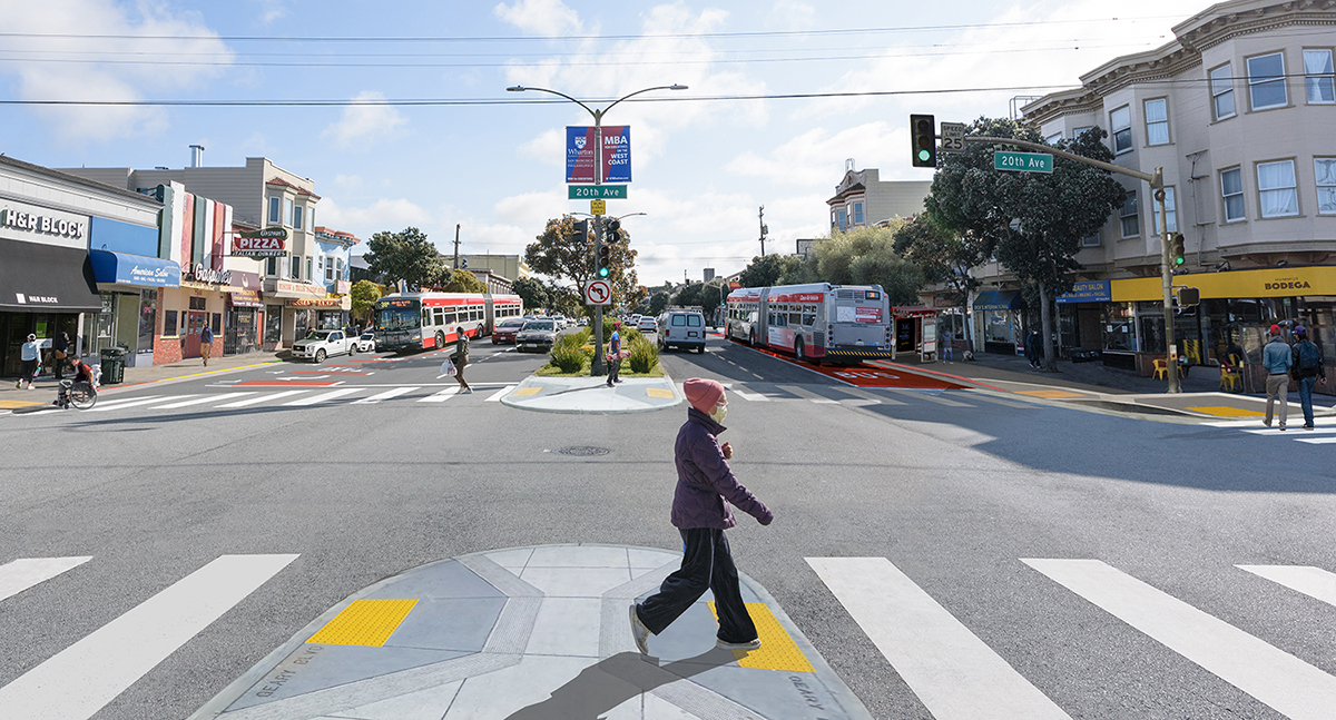 Redering showing Geary Boulevard at 20th Avenue, with new transit lanes, bus bulb, median refuges and relocated bus stops. 