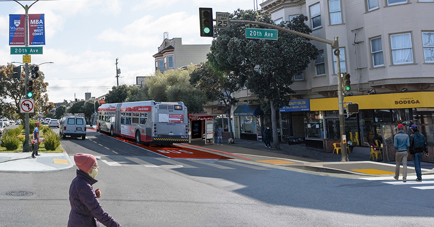 Rendering of Geary Boulevard at 20th Avenue showing new transit lanes and bus stop relocations. 