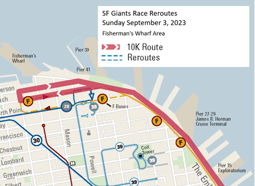 Map of the North Beach & FIsherman's Wharf area and Muni reroutes for the SF Giant Race