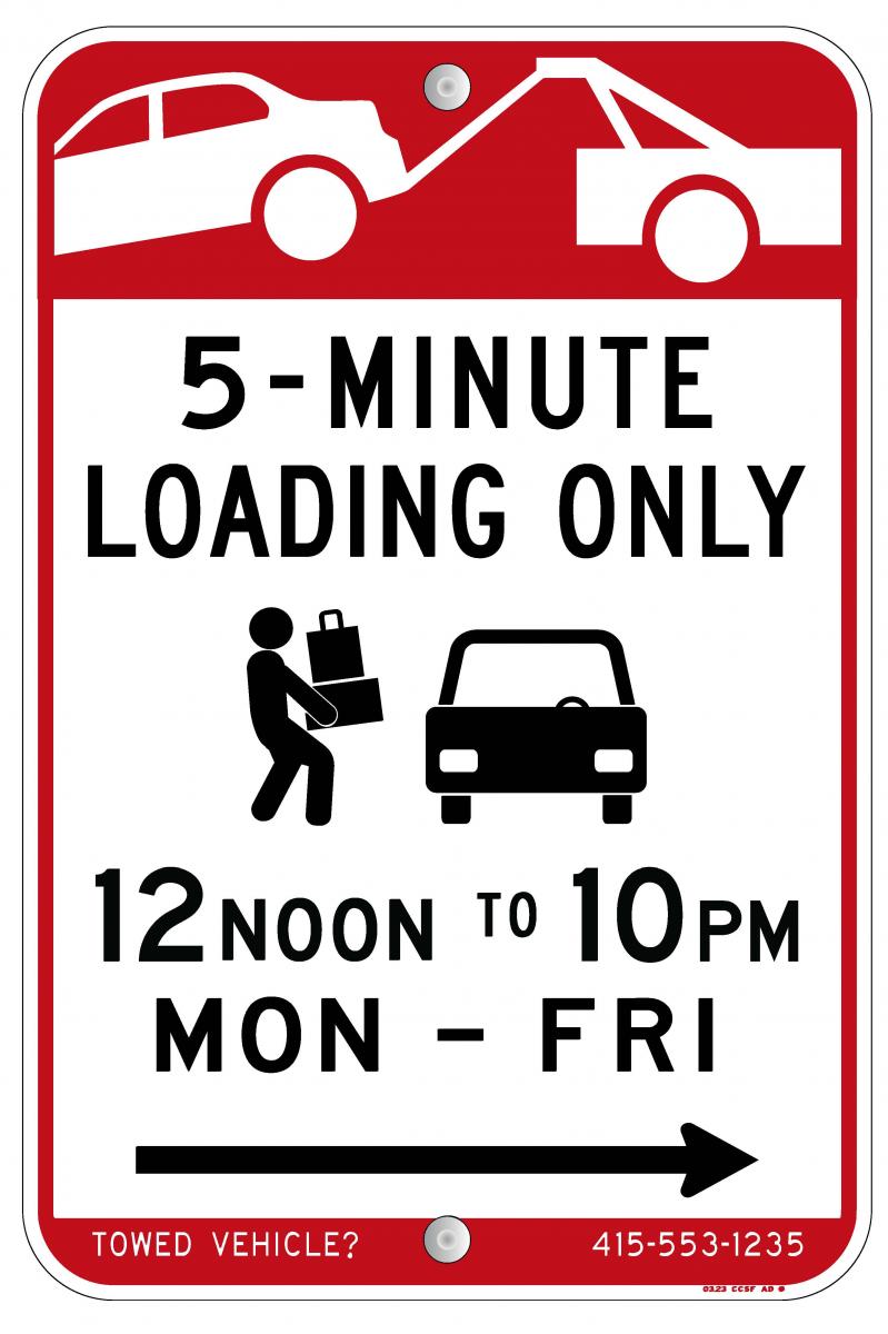 Five-minute loading only, image of figure loading boxes into car, 