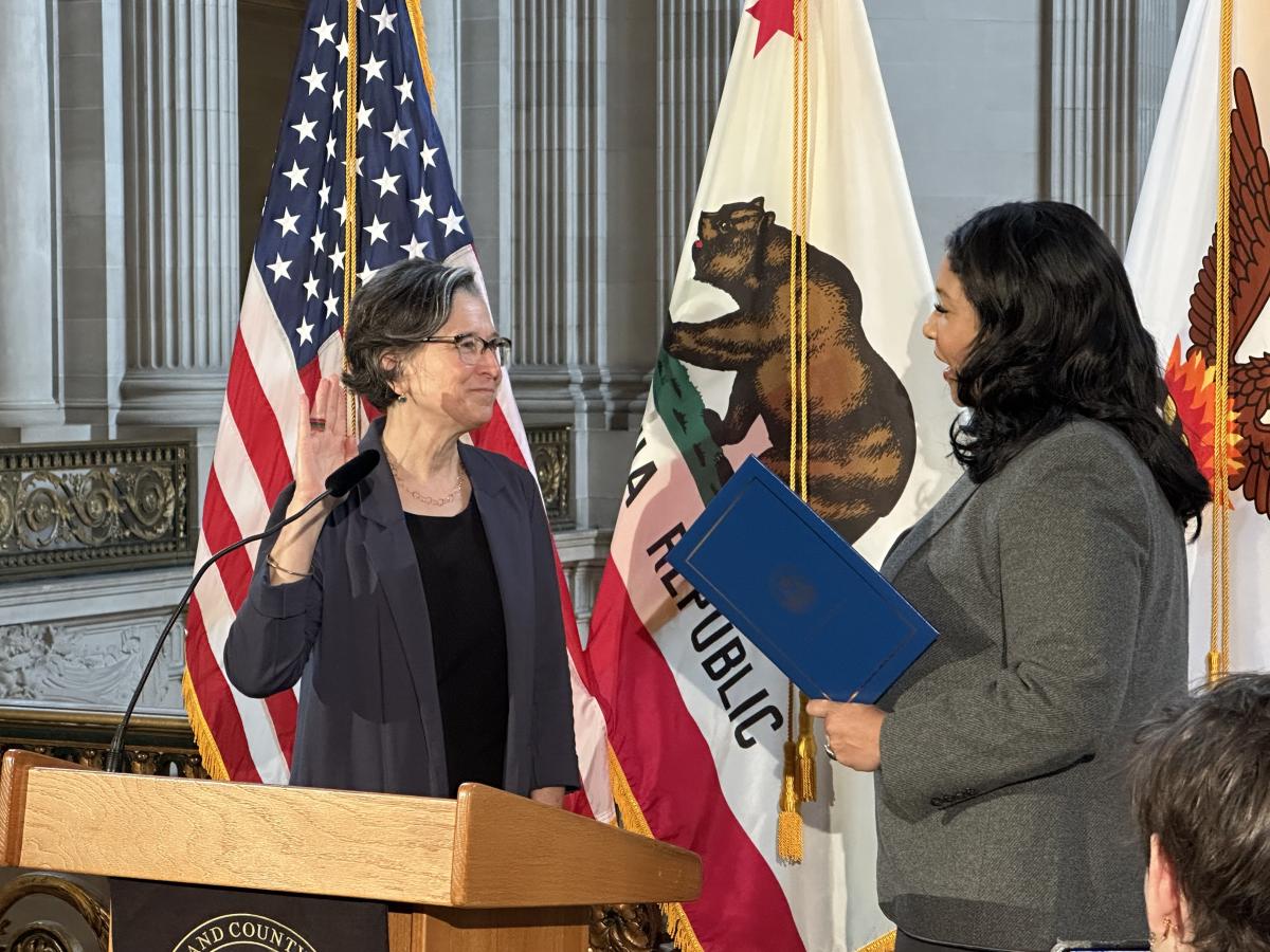 New SFMTA Board Director Janet Tarlov participates in a nomination ceremony with San Francisco Mayor London Breed. 